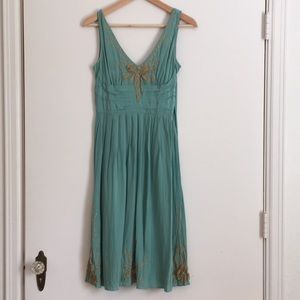 Aqua silk embroidered sleeveless midi tea dress
